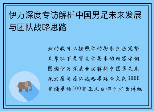 伊万深度专访解析中国男足未来发展与团队战略思路
